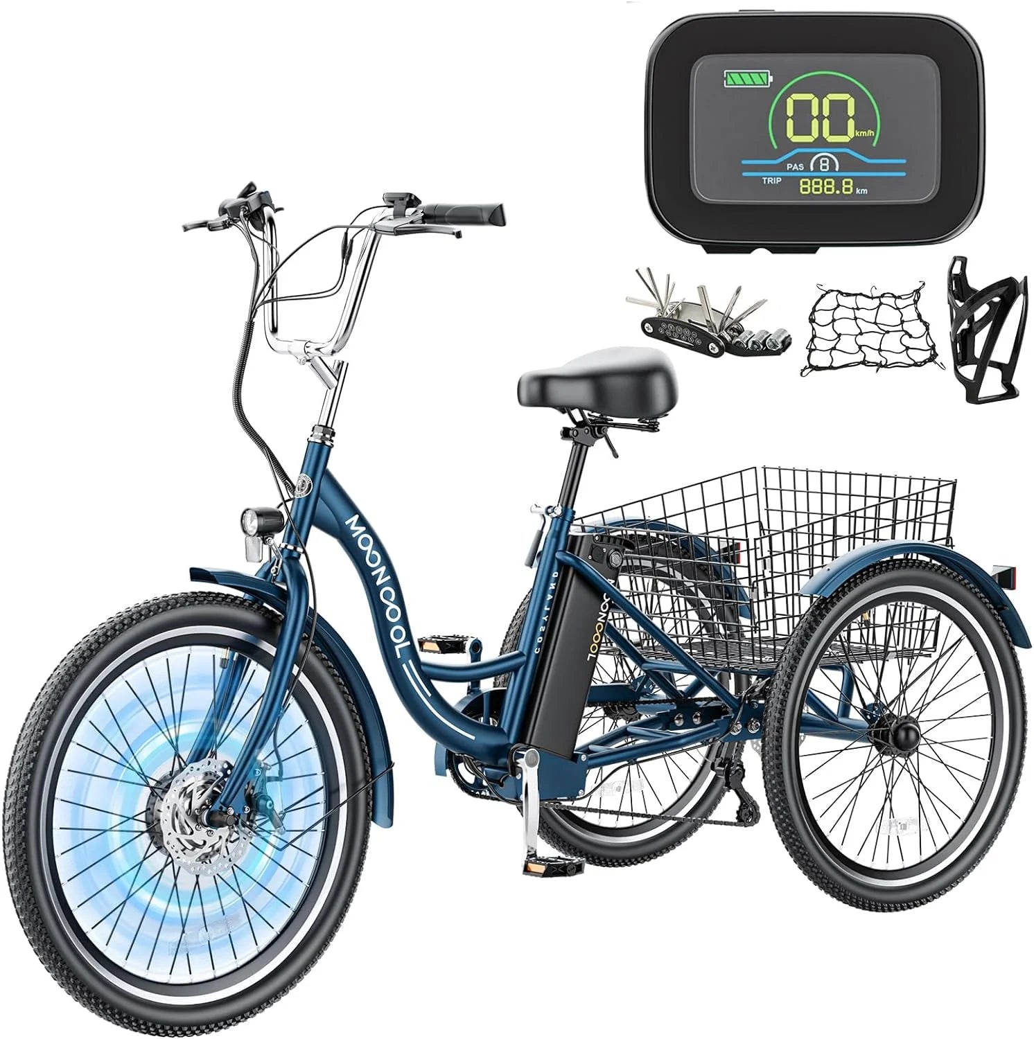 Mooncool 24" 26" 3 Wheel Electric Tricycle for Adults, 350W 36V 7 Speeds Motorized Electric Trike Three Wheel Electric Bikes Bicycle with Large Basket & Accessories for Women Men