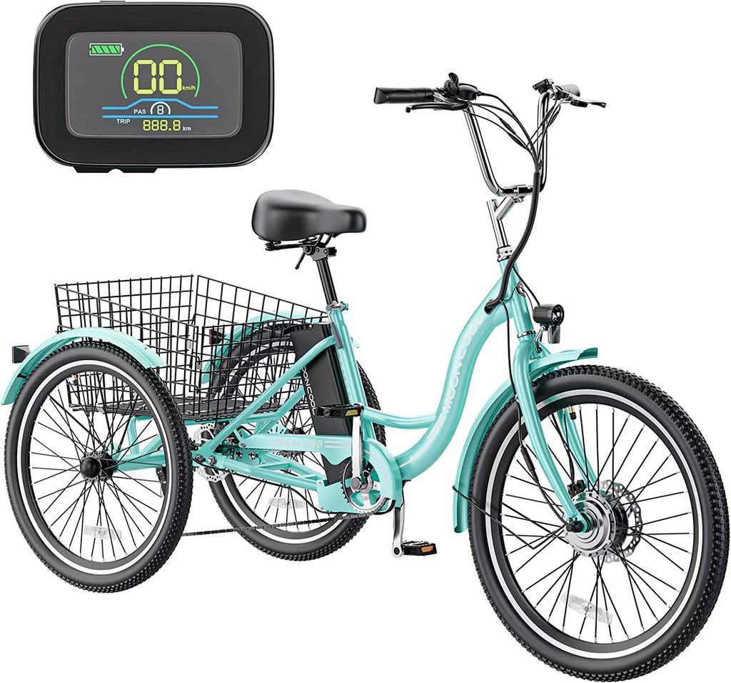 Mooncool 24" 26" 3 Wheel Electric Tricycle for Adults, 350W 36V 7 Speeds Motorized Electric Trike Three Wheel Electric Bikes Bicycle with Large Basket & Accessories for Women Men