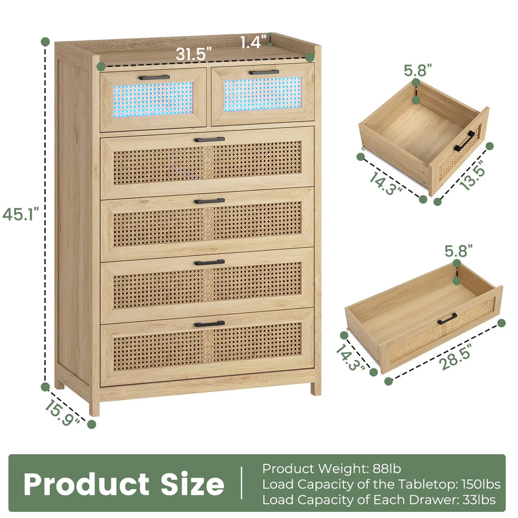 7 Drawer Dressers with LED Light, Natural Rattan Dresser for Bedroom, Hallway, Entryway