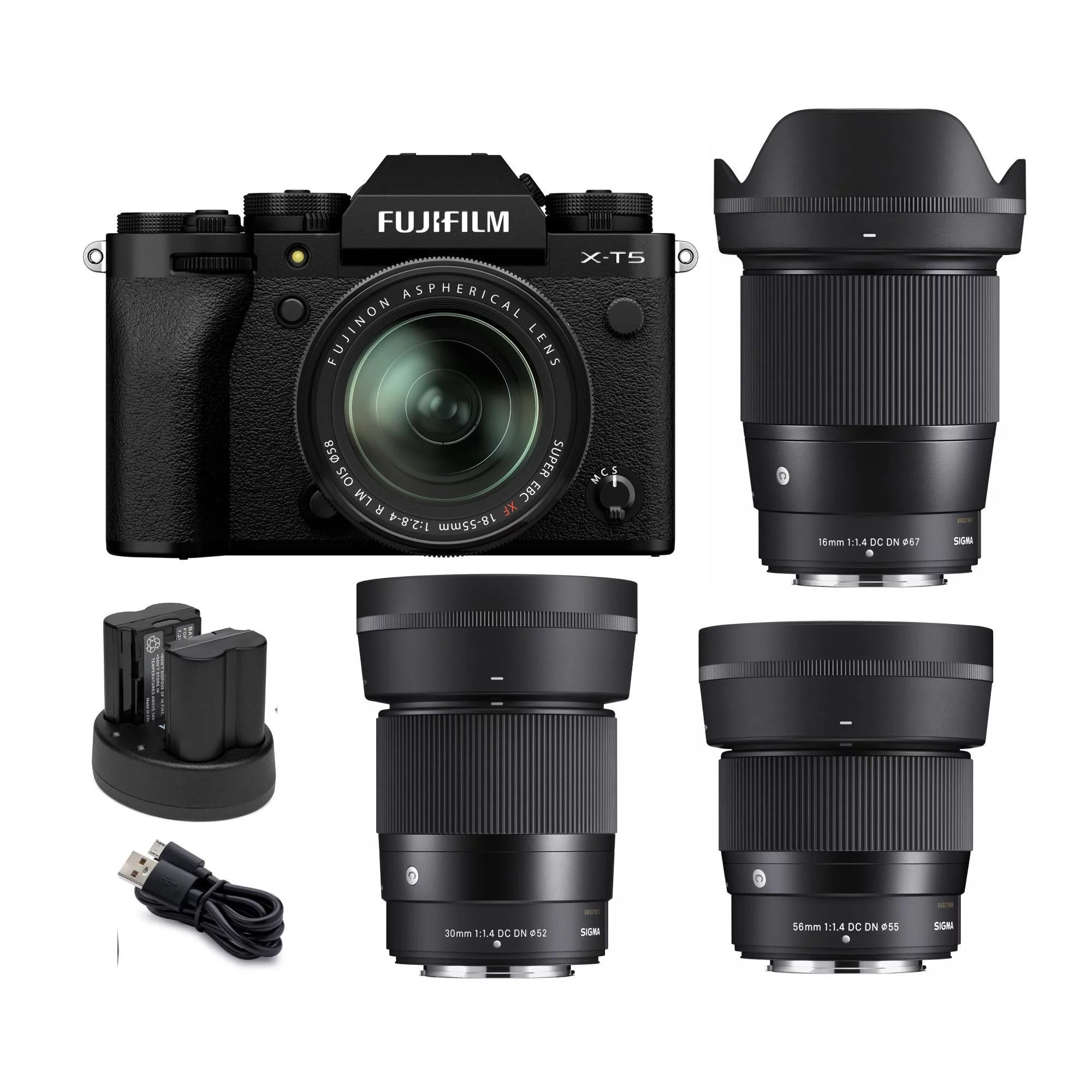 Fujifilm X-T5 Mirrorless Camera with XF18-55mm (Black), 56mm, 16mm, & 30mm Lens