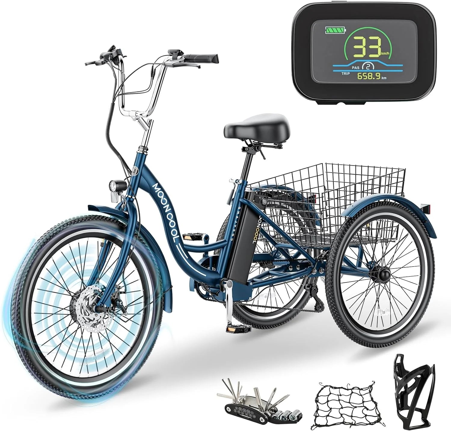 Mooncool 24" 26" 3 Wheel Electric Tricycle for Adults, 350W 36V 7 Speeds Motorized Electric Trike Three Wheel Electric Bikes Bicycle with Large Basket & Accessories for Women Men