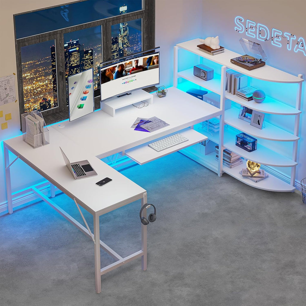 U-SHARE  L Shaped Computer Desk, 63'' Desk with Storage Shelves, Keyboard Tray, Monitor Stand and Headphone Hook, Corner Gaming Desk with LED Lights,