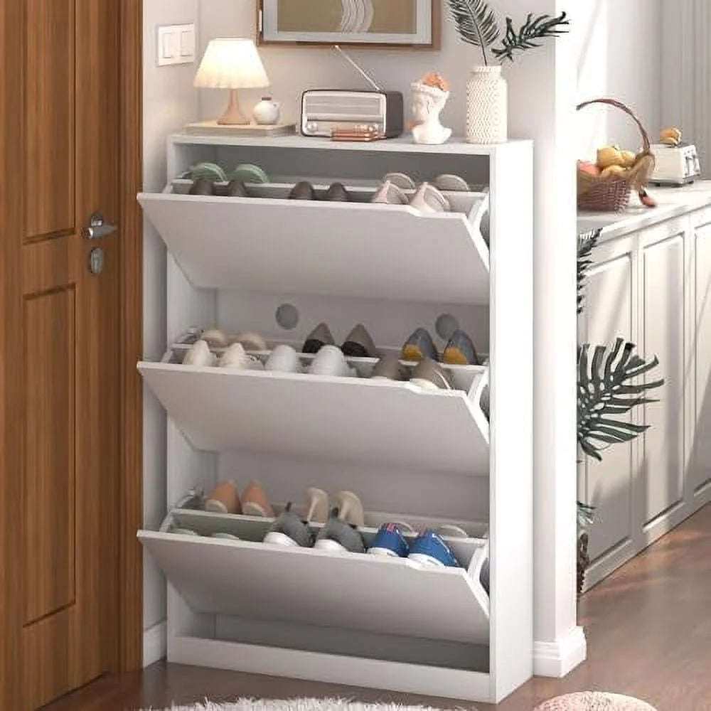 HOOMHIBIU Shoe Cabinet with 3 Flip Drawers Wood Entryway Shoe  Cabinet Freestanding Shoe Rack  Organizer for Entryway  Hallway  White and Rustic Brown 9.33" D x 31.5" W x 47.2"
