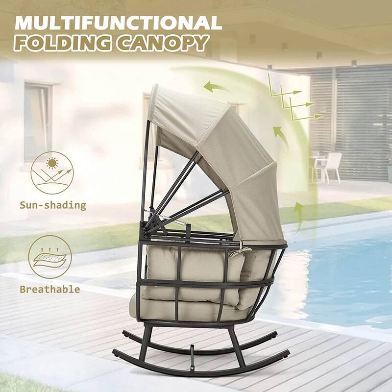 Outdoor Aluminum Rocking Egg Chair with Grey Cushion and Folding Canopy