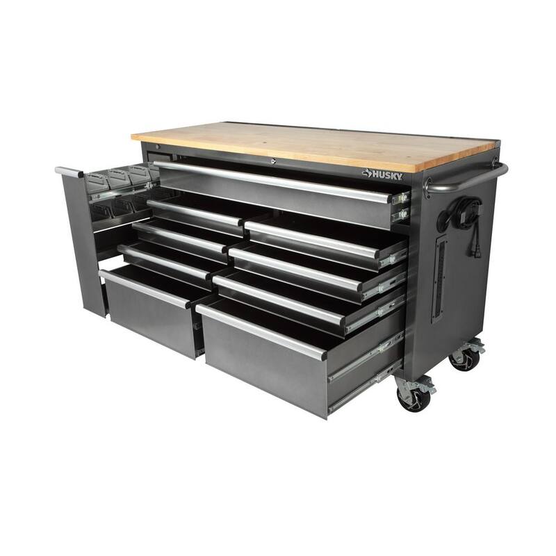 61 in. W x 24 in. D Standard Duty 10-Drawer Mobile Workbench Tool Chest with Sliding Bin Storage Drawer in Silver