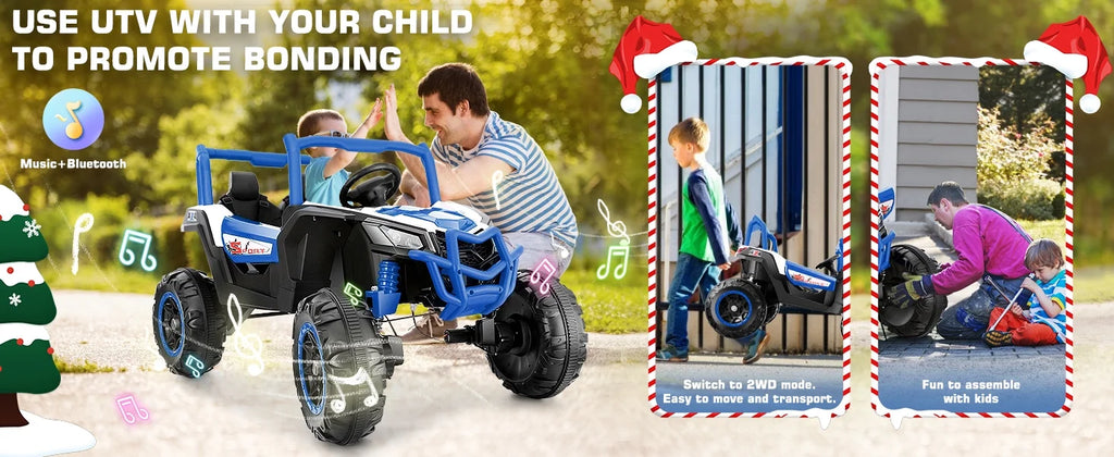 Funcid 4WD 24V Ride on Toys 2 XL Seater Kids Ride on Cars w/ Remote Control, 4*200W Motor, Electric Off-Road UTV 7AH Battery Powered 4-Wheeler Vehicle w/ Bluetooth, Music, 3-Speed, LED Light, Blue