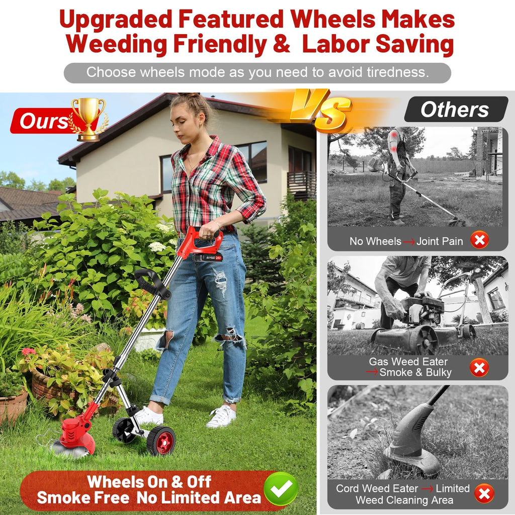 Cordless Weed Eaters Electric Grass Trimmer &amp; Edger, Tanbaby 6 inch 3-in-1 Weed Wacker Kit with Upgraded Wheels