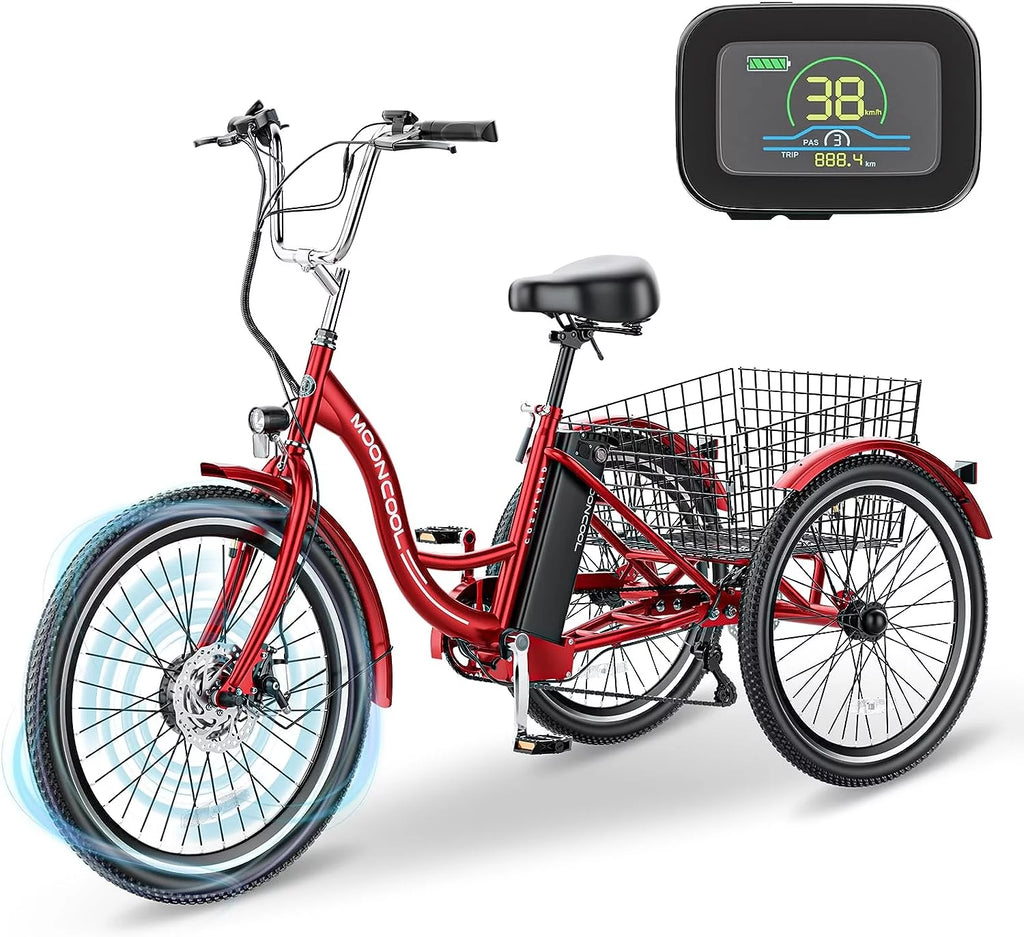 MOONCOOL 24"/26" Electric Tricycle for Adults, 350W 36V 7 Speeds Electric Trike Motorized Three Wheel Electric Bikes Bicycle with Large Basket for Women Men