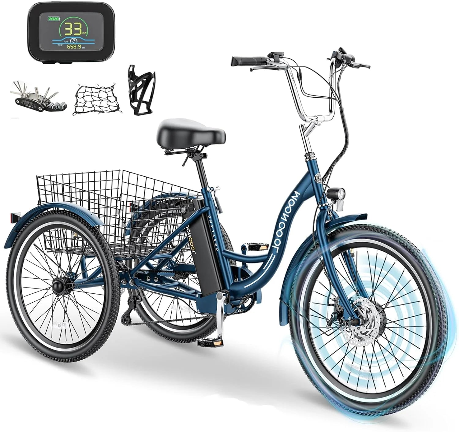 Mooncool 24" 26" 3 Wheel Electric Tricycle for Adults, 350W 36V 7 Speeds Motorized Electric Trike Three Wheel Electric Bikes Bicycle with Large Basket & Accessories for Women Men