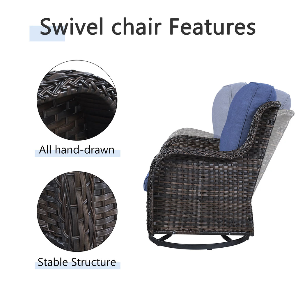 PARKWELL 3-Piece Outdoor Swivel Gliders with Side Table - Patio Wicker Bistro Furniture Set for Porch Deck Backyard - Blue Cushioned Swivel Rocking Chairs in Brown Wicker