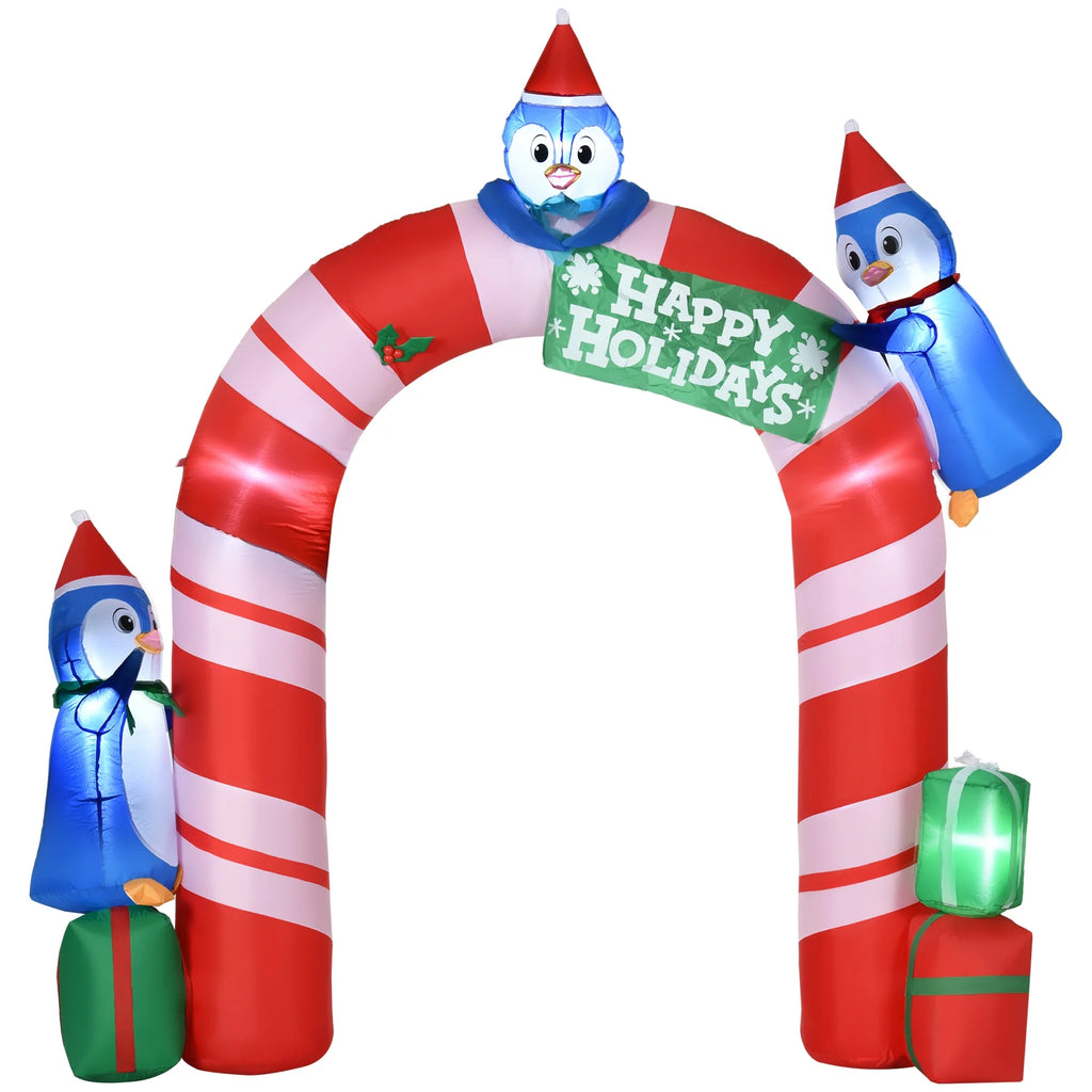 Outsunny 8ft Christmas Inflatable Candy Cane Archway with Three Penguins and Gift Boxes, Blow-Up Outdoor LED Yard Display for Lawn Garden