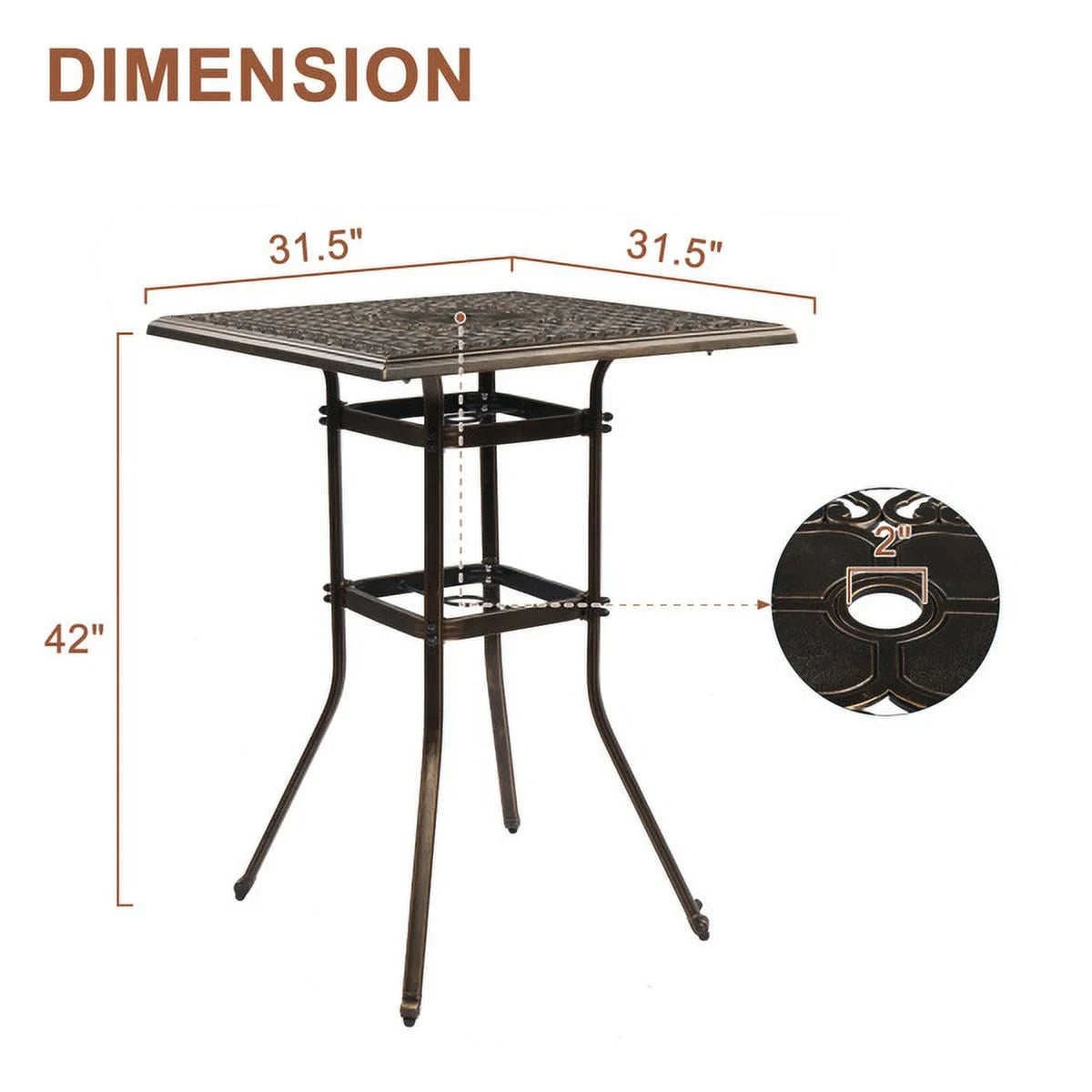 Outdoor Patio Bar Height Table, Square Cast Aluminium Bistro Table with Umbrella Hole, Tall Table for Porch Balcony Backyard Garden, Antique Bronze