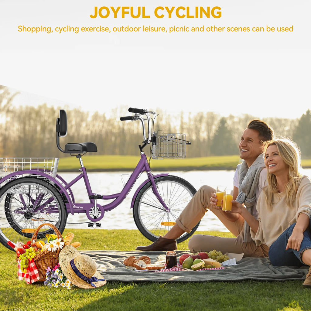 Dextrus Adult Tricycle, 24 Inch 3 Wheel Bikes, 1 Speed Trike Bike for Adults with Removable Baskets, Cruiser Bike for Seniors Women Men Shopping Picnic Outdoor Sports, Purple