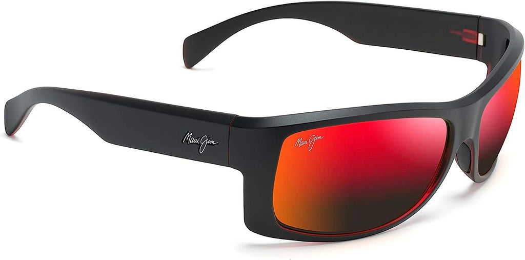 Maui Jim Men's and Women's Equator Polarized Wrap Sunglasses, Black w/Red Interior/Hawaii Lava ™, Large