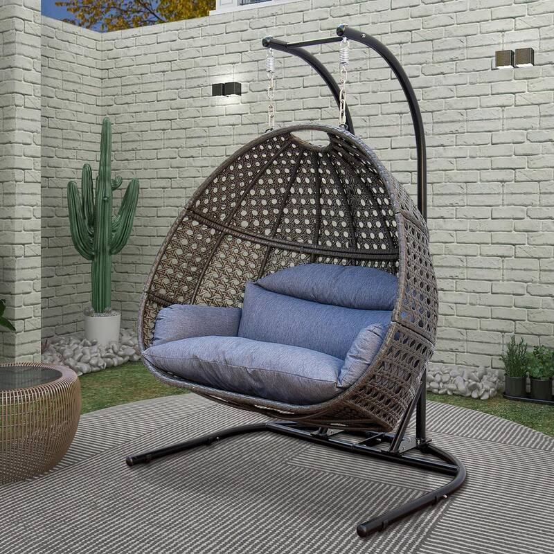 Black Wicker Round Shaped Patio Swing Outdoor Patio Egg Lounge Chair Swing 2 Person with Navy Cushion