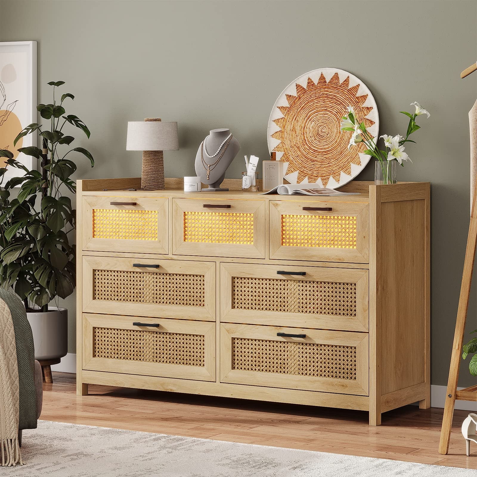 7 Drawer Dressers with LED Light, Natural Rattan Dresser for Bedroom, Hallway, Entryway