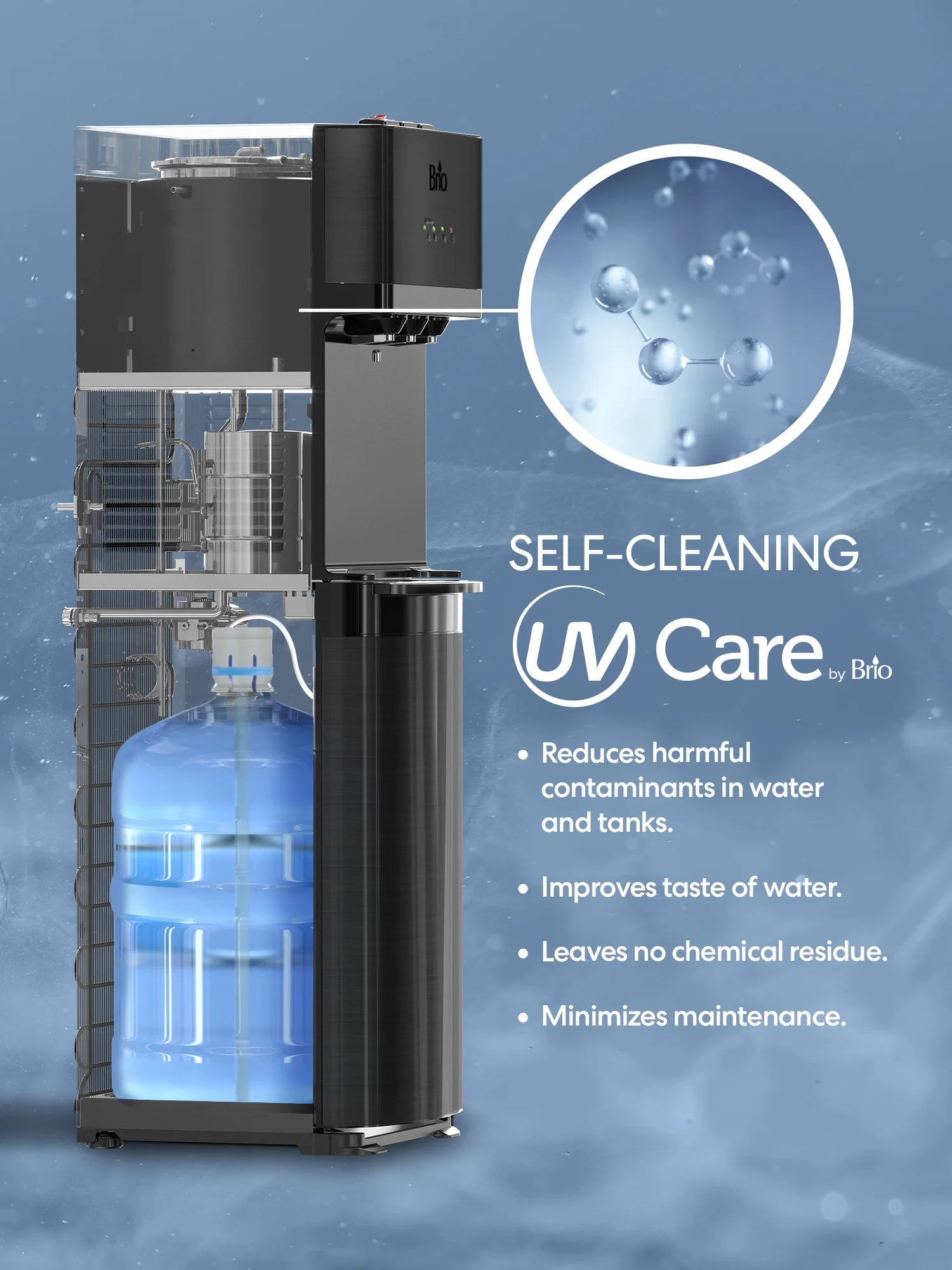 Brio 500 Series Self Cleaning Bottom Loading 3-5 Gallon Capacity Tri-Temperature Water Cooler Dispenser with Hot Water Up To 198 Degrees, Cold Water Down To 39 Degrees and Room Temperature Water