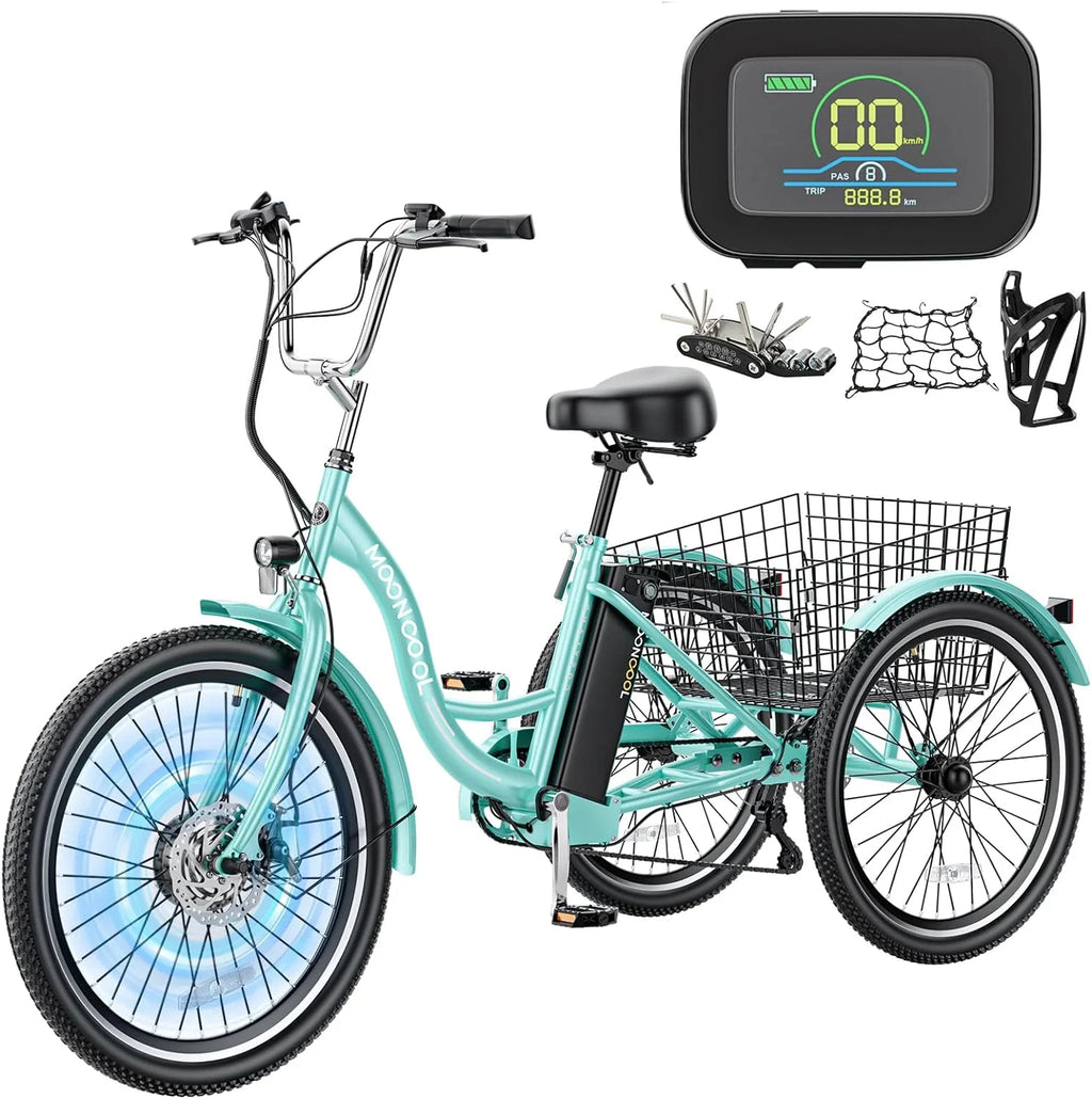 Mooncool 24" 26" 3 Wheel Electric Tricycle for Adults, 350W 36V 7 Speeds Motorized Electric Trike Three Wheel Electric Bikes Bicycle with Large Basket & Accessories for Women Men