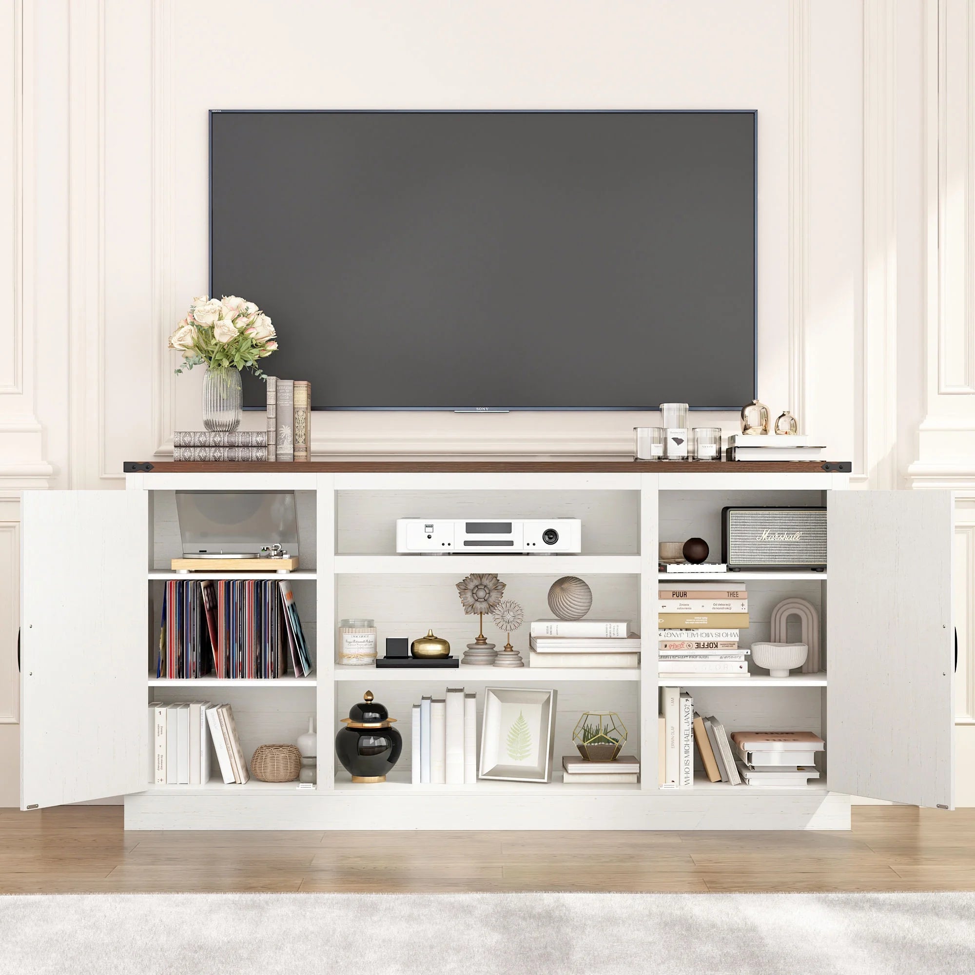 4 Layer Farmhouse Coffee Bar Cabinet With Power Outlet & LED Light, 57" Barn Door Buffet Cabinet Kitchen Storage With Adjustable Shelves(Brown)