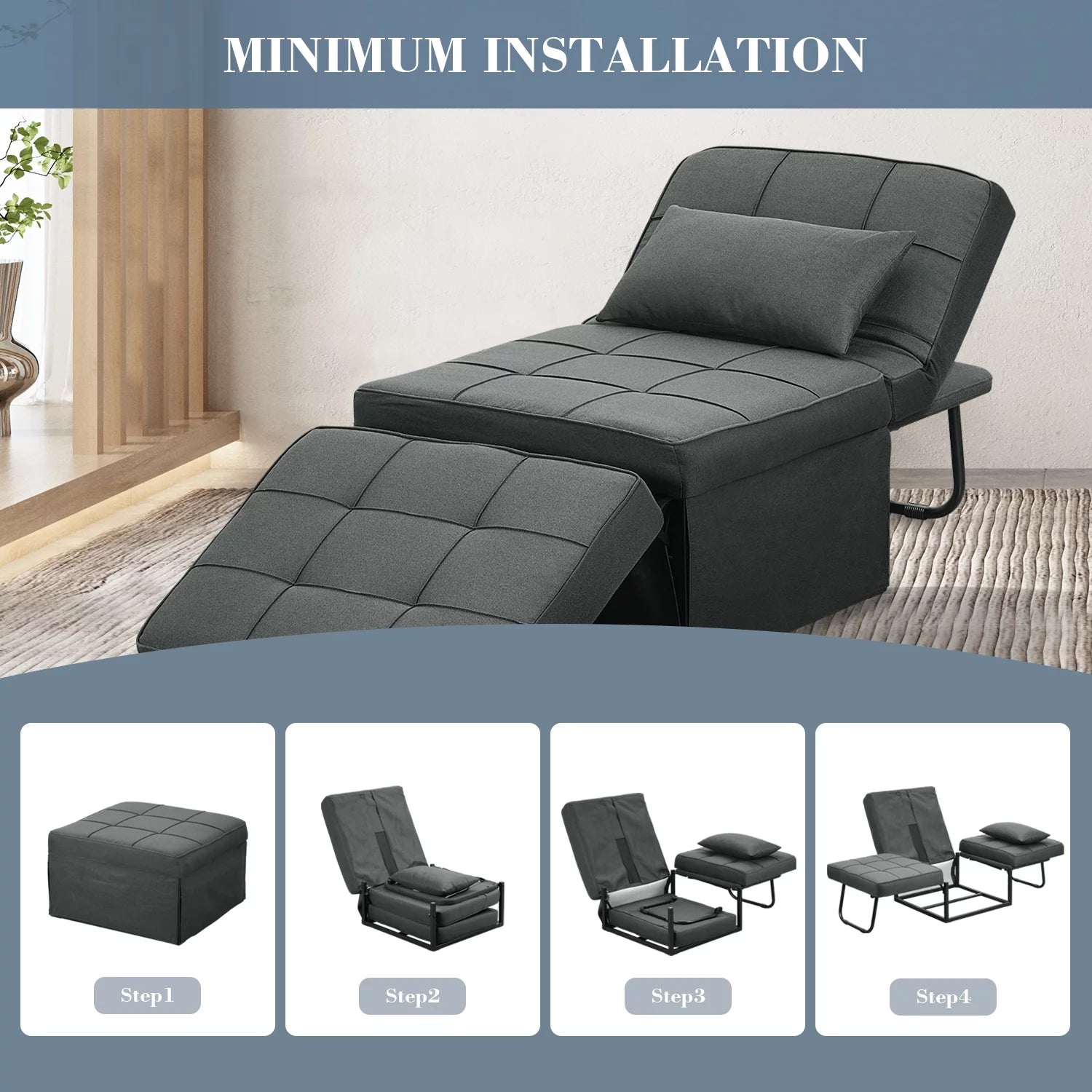 Ainfox Ottoman Chair Lounger Bed .4 in 1 Breathable Linen Convertible Single Sofa Couch, 73.23''L x 33.86''W(Dark Grey)(Beige)
