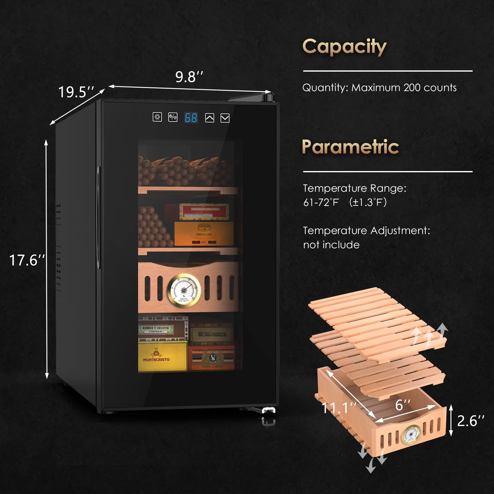 Rocita 16L Cigar Humidor, Electric Cigar Humidor Cabinet for 100 Counts with Digital Hygrometer, Spanish Cedar Lined Cigar Box, Great Gift for Father Friends Men