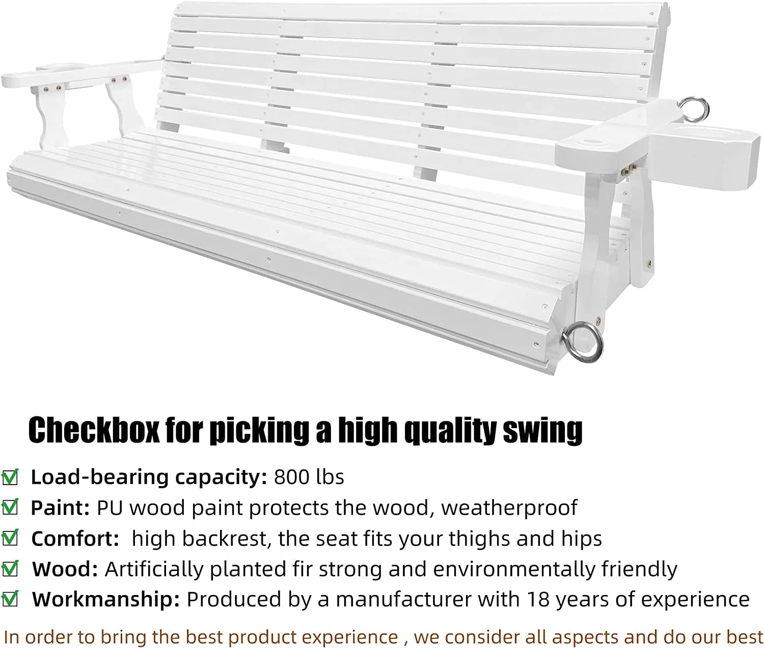 Wooden Porch Swing 3 Seater, 800 lbs Bench Swing for Outdoor Patio Garden Yard, 5 feet White