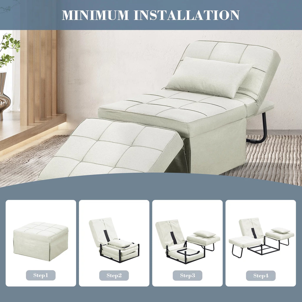 Ainfox Ottoman Chair Lounger Bed .4 in 1 Breathable Linen Convertible Single Sofa Couch, 73.23''L x 33.86''W(Dark Grey)(Beige)