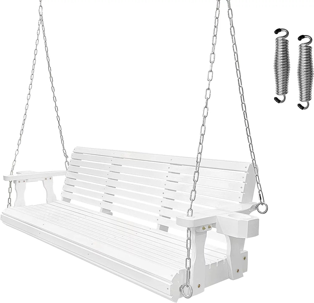 Wooden Porch Swing 3 Seater, 800 lbs Bench Swing for Outdoor Patio Garden Yard, 5 feet White