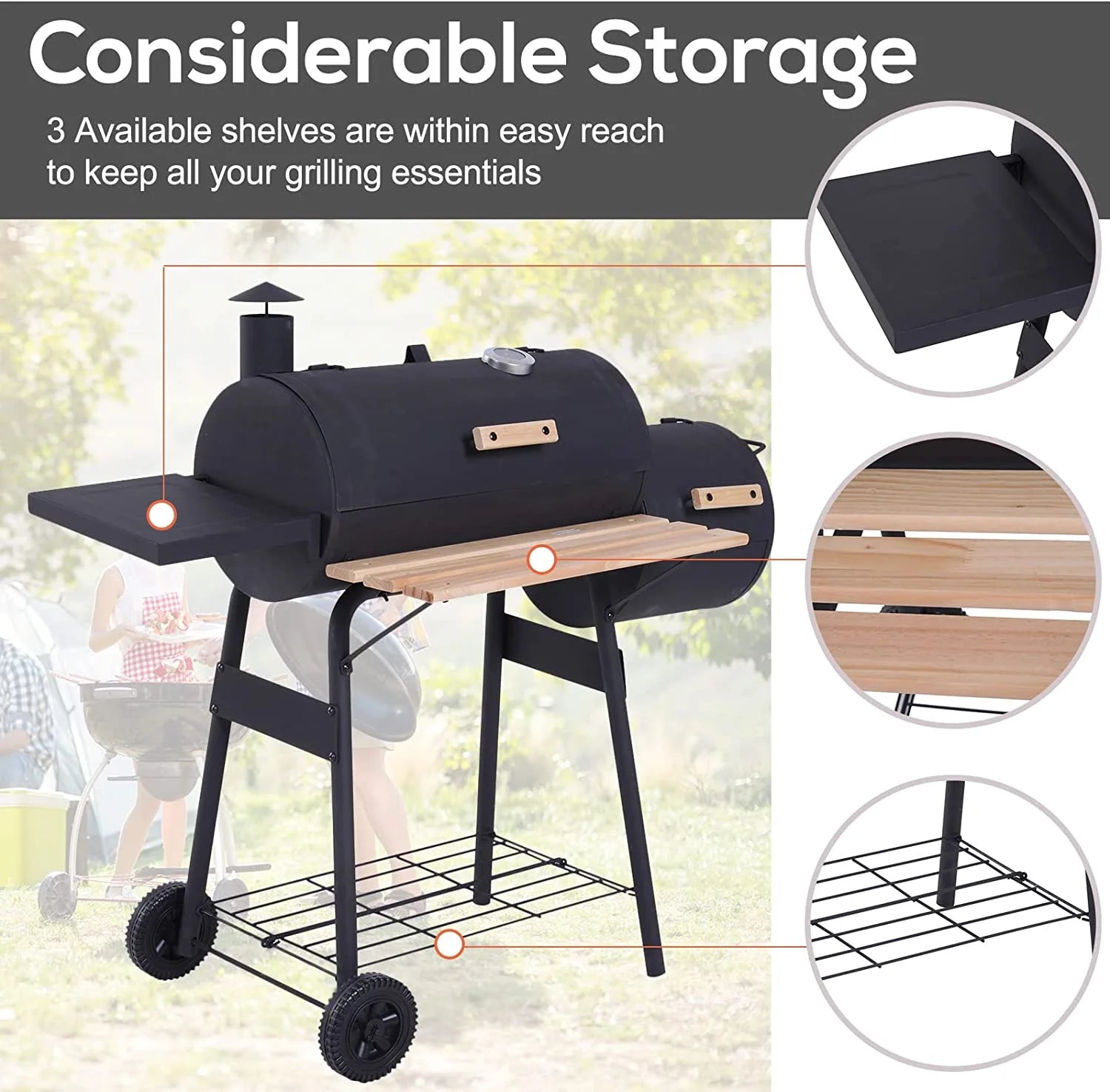 48" Portable Barrel Charcoal BBQ Grill, Steel Outdoor Barbecue Smoker with 232 Square Inches Cooking Space, Storage Shelf, Wheels for Garden Camping Picnic, Black