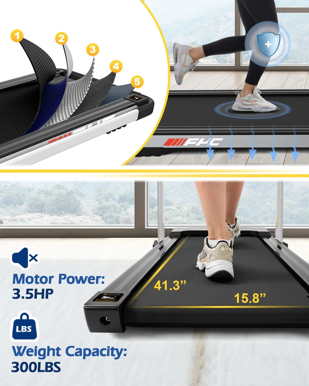 FYC 3.5HP Under Desk Treadmill - 300LBS Weight Capacity, 2-in-1 Foldable Design, Remote Control & LED Display - Compact Electric Walking and Running Machine for Walking, Running, Jogging (White)