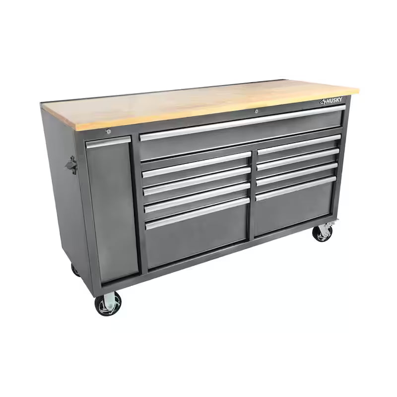 61 in. W x 24 in. D Standard Duty 10-Drawer Mobile Workbench Tool Chest with Sliding Bin Storage Drawer in Silver