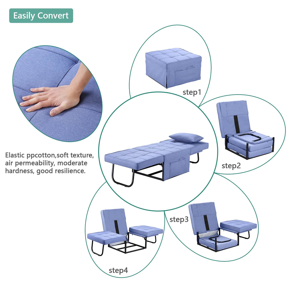 Ainfox Ottoman Chair Lounger Bed .4 in 1 Breathable Linen Convertible Single Sofa Couch, 73.23''L x 33.86''W(Dark Blue)