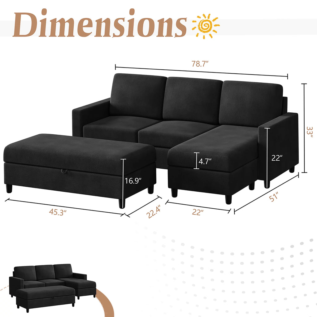Walsunny Linen Fabric Convertible L-Shaped Sectional Sofa(Dark Gray)
