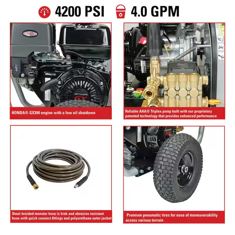 4200 PSI 4.0 GPM Cold Water Gas Pressure Washer with HONDA GX390 Engine